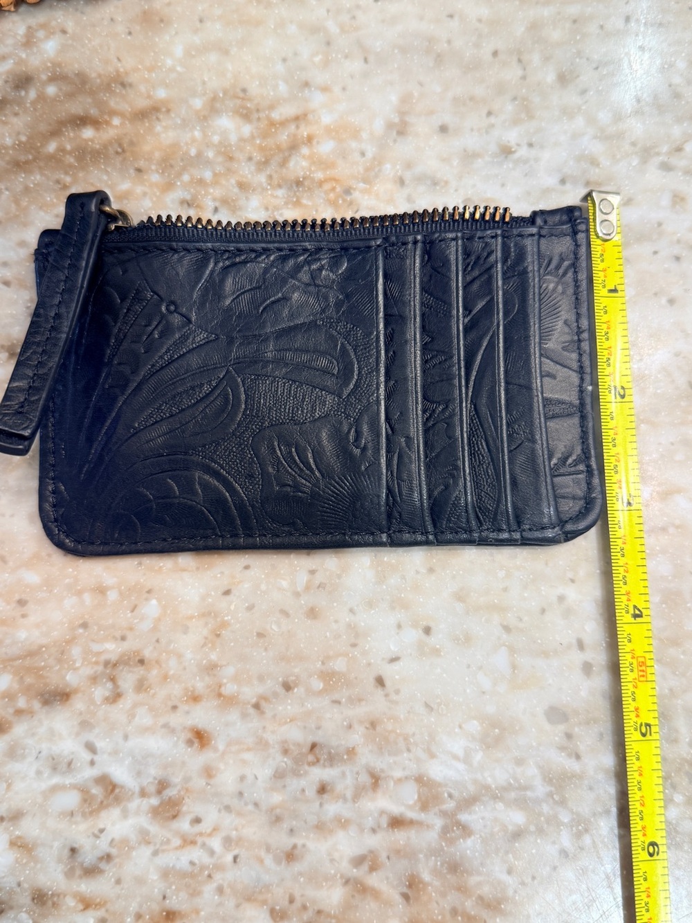 Black Embossed Leather Card Wallet with Zipper